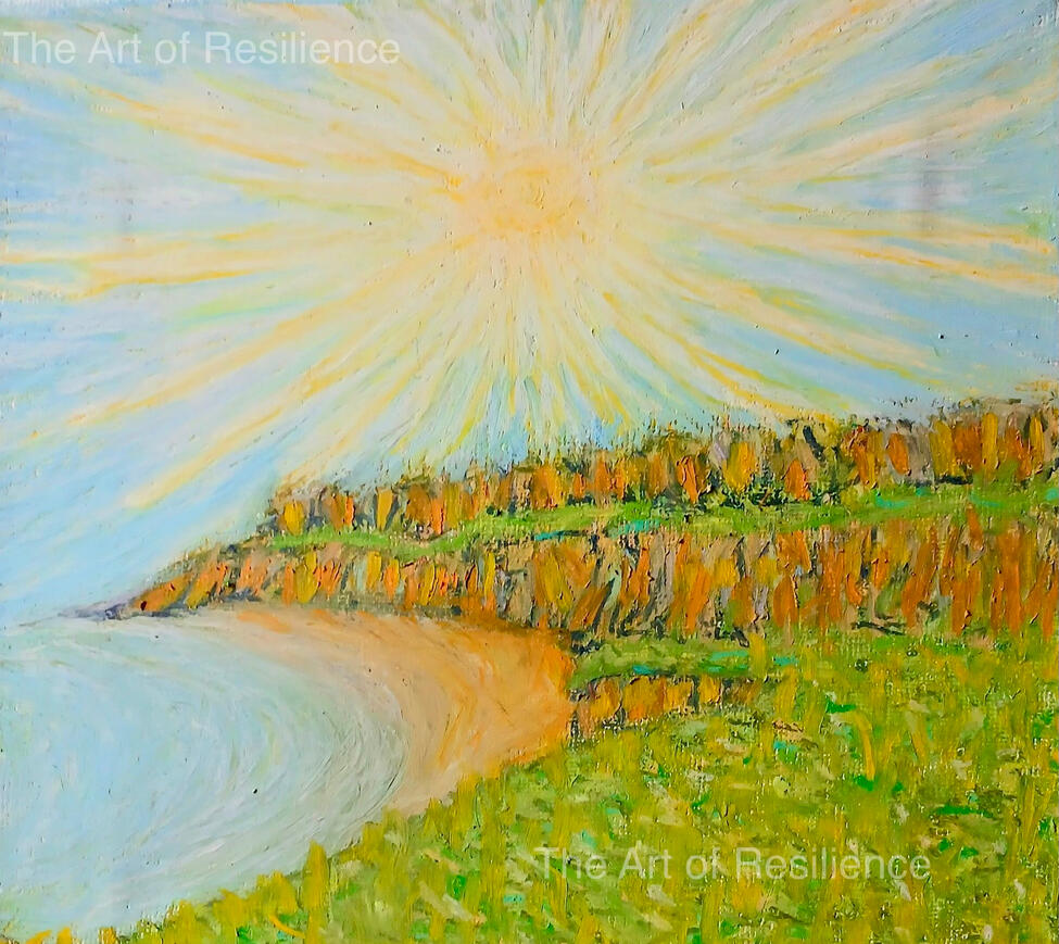 Leasowe Lighthouse part 2. I wasn’t sure how to mount the wood, so I placed it on canvas and painted the surround using Oil pastels.