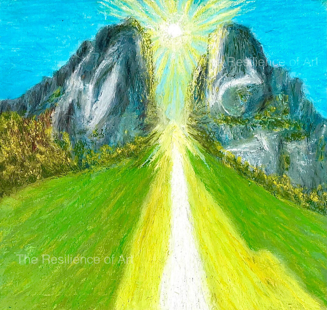 L08 - Tustan Fortress Cliffs Slava Ukraine [RC 2025] Oil pastels. I have two paintings of Ukraine, I wanted the strong colours of their flag to shine through 🇺🇦