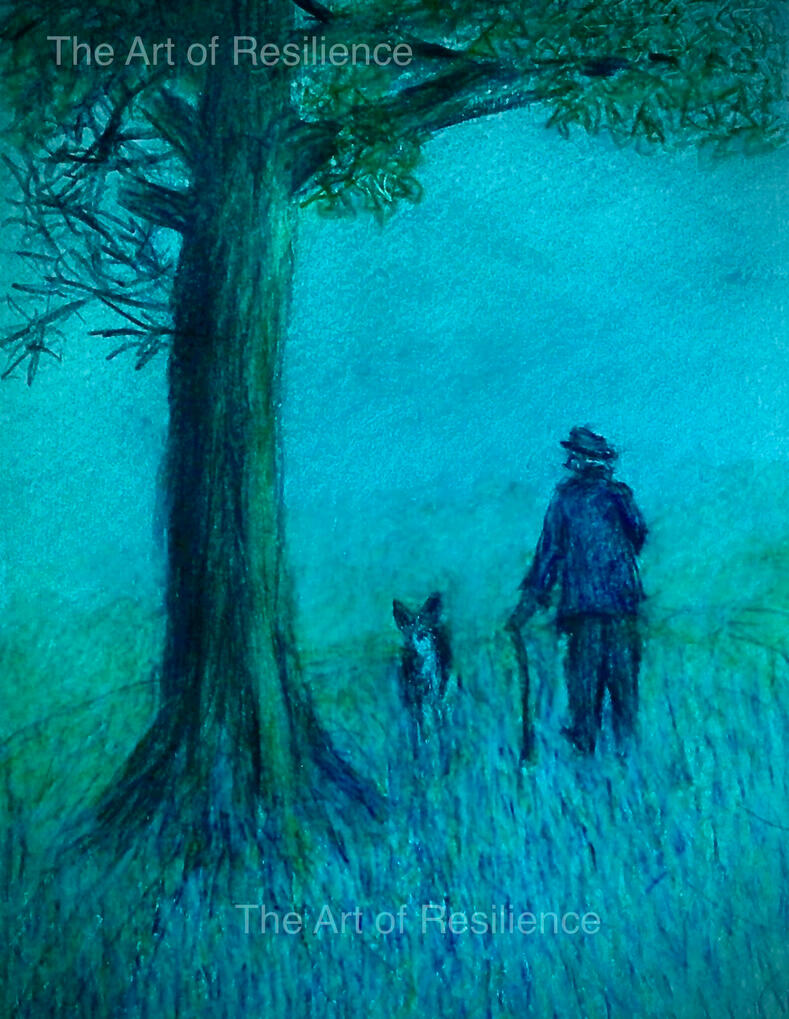 P06 - One man and his dog [RC 2024] another of my hospital postcard sketchbook paintings. Watercolour pencils and acrylic pens.