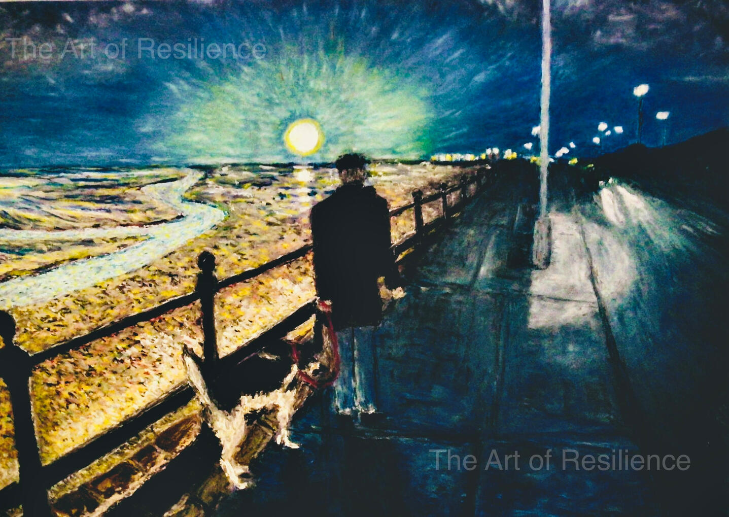 P04 - Evening dog walk with Luca [HC 2023] Me and Luca on Meols Prom. Oil pastels