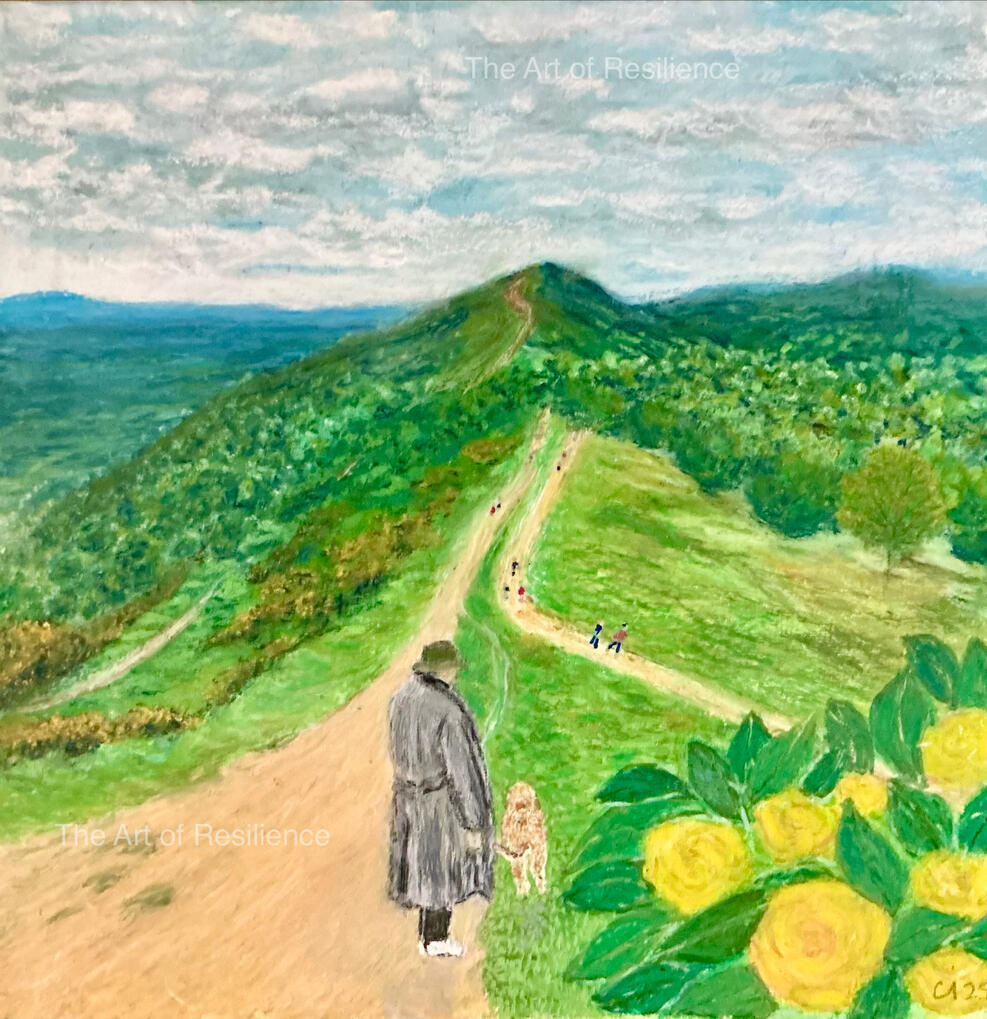 P02 - William and Julius Malvern Hills [RC 2025] my brother in law walking his dog. Oil pastels and acrylics.