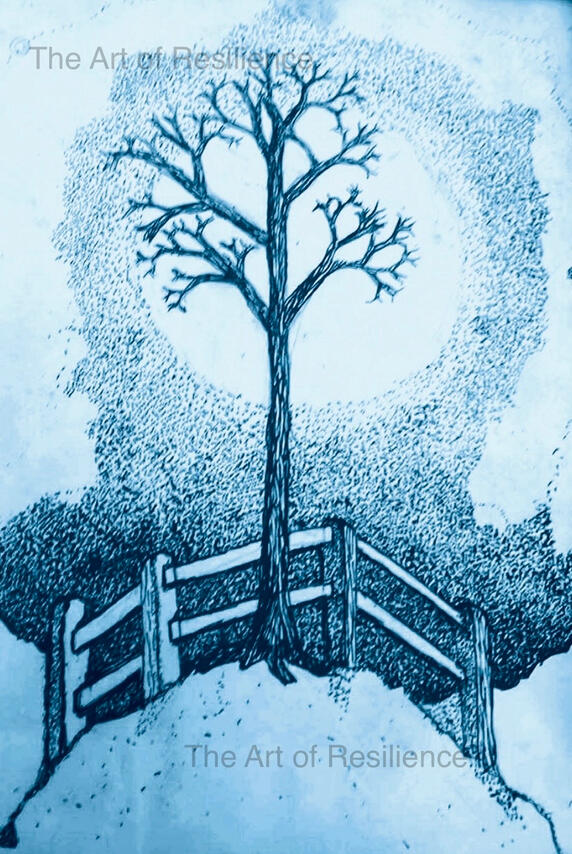 CA08 - bare tree in the snow [HC circa 1975] ink drawing, symbolising how bleak Christmas can be for many people, spare a thought for them.