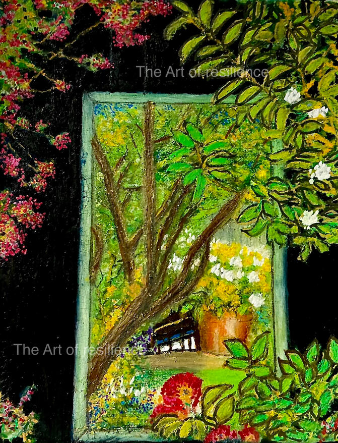 AA04 - Mirror in the garden [RC 2024] inspired by our friends garden. Oil pastels and acrylics