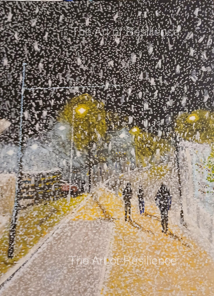 CA06 - Snowstorm at Eccles Tram Station [RC 2024] inspired by a photograph by our daughter Kate. Acrylics