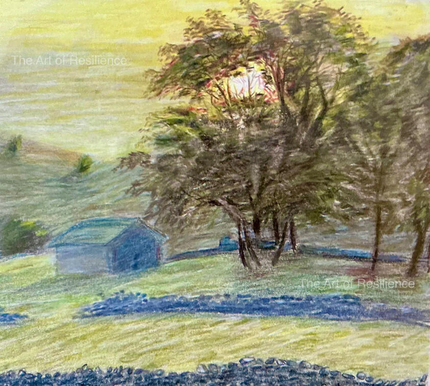 H03 - Early morning in the Dales [HC 1995] Watercolour pencils. Nowt like the Dales in the morning.