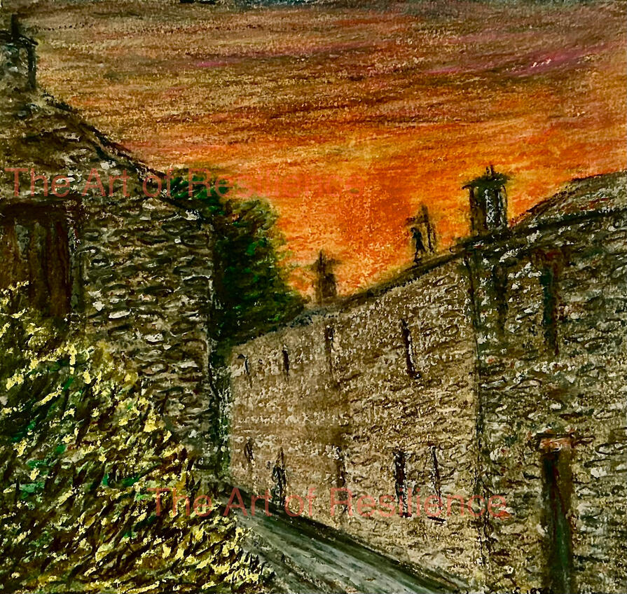 H05 - Sunset at Cotterdale [HC 1992] Many happy childhood holidays spent at Cotterdale. Watercolour pencils, some Oil pastel work added in 2026