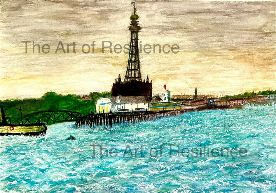 H15 - New Brighton Tower [HC 1989 ] sadly demolished 1919 - 1923. Watercolour pencils.