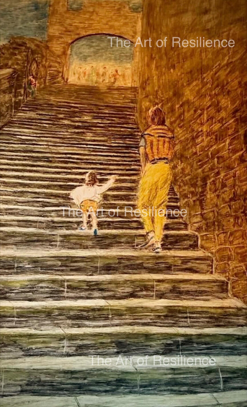 H01 - Pam and Kate [HC 1995] climbing the steps of Mont St Michel, Normandy, France. My absolute fave in the HC collection. Watercolour pencils.